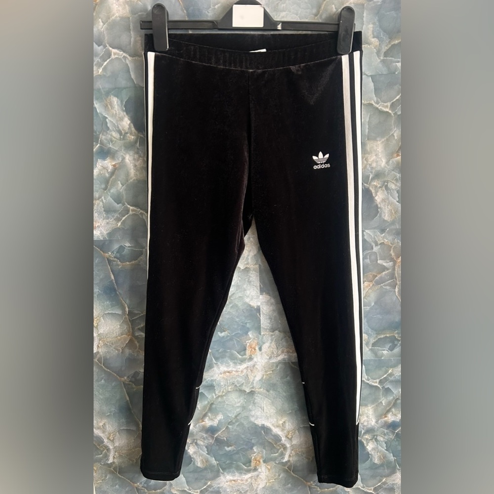 Adidas velour Black Joggers with White Stripes/ Size M/ Junior Size